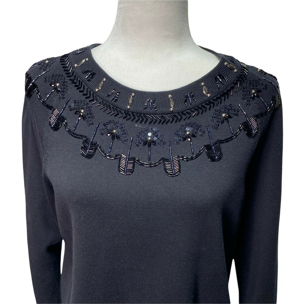 RSVP BY TALBOTS | sz L Petite Women's Pull Over Crew Beaded Jewel Yoke Sweater - Picture 3 of 7